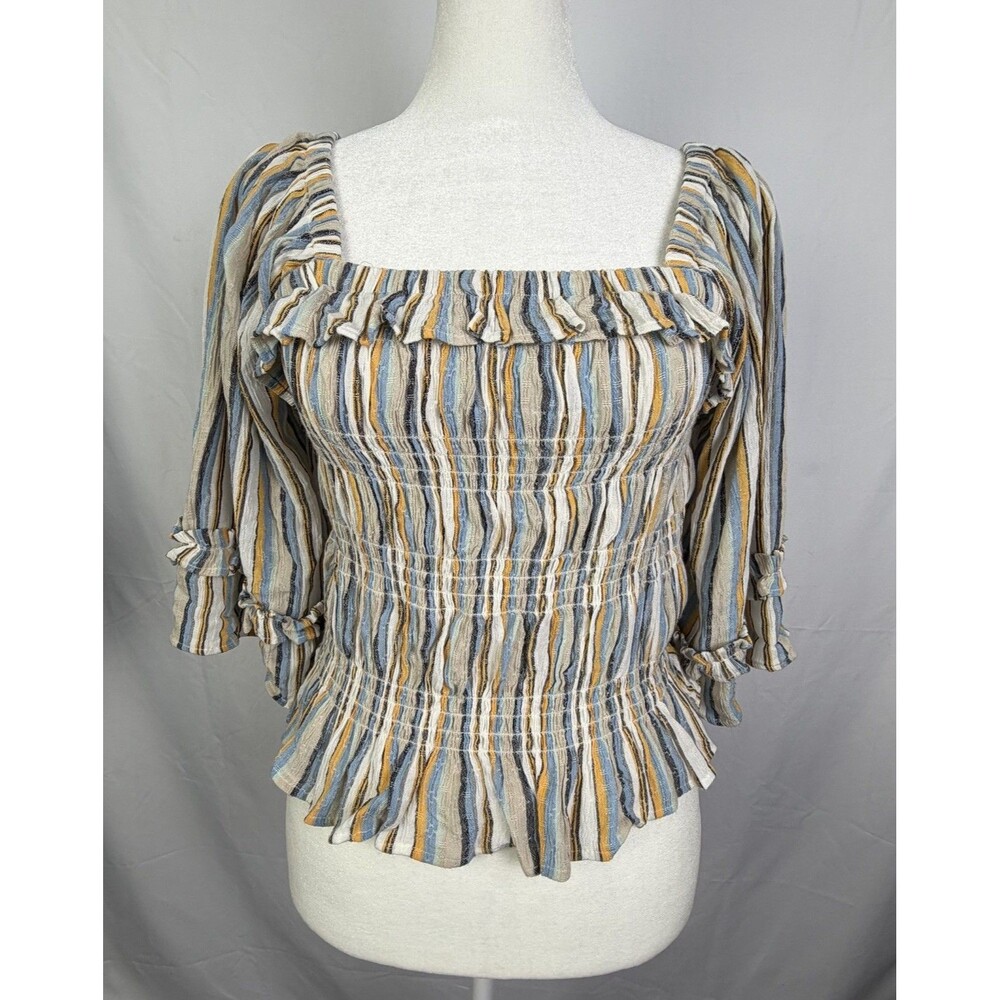 Angie Smocked Crop Boho Blouse Striped Peasant Top Sz Medium Wide Sleeve EUC
